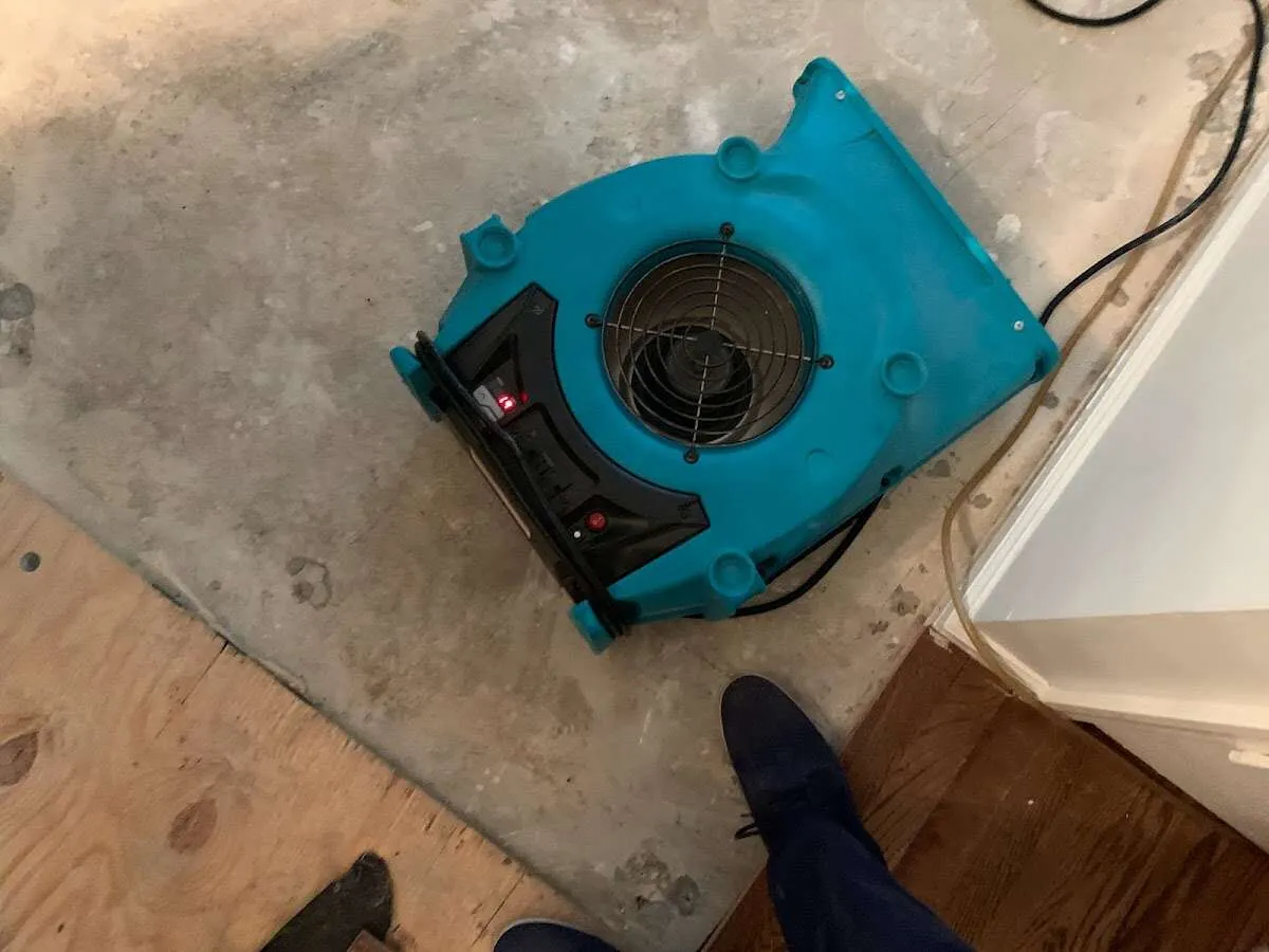 Air mover drying subfloor during Commercial Water Damage Restoration in Stuttgart